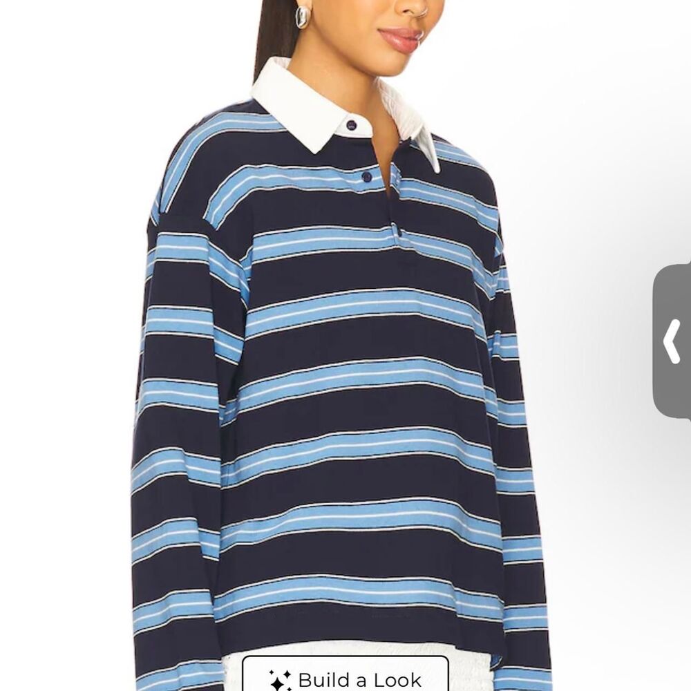 Lioness Navy and Light Blue Striped Polo Top with White Collar - Picture 4 of 4